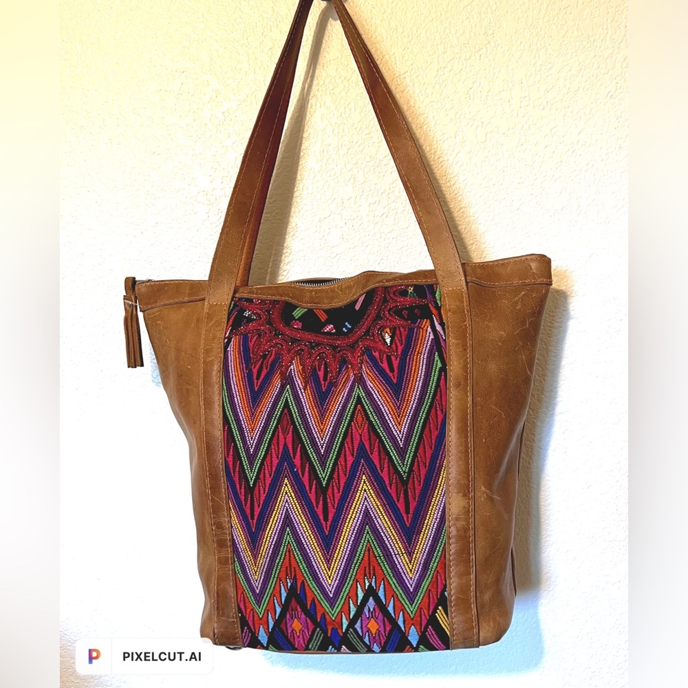 Genuine Leather Brown Shopper Tote Boho Colorful Embroidery Shoulder Bag